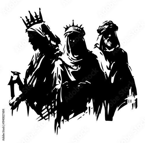 Three wise men silhouettes, biblical nativity scene kings, Magi characters illustration for Christmas design, vector graphic