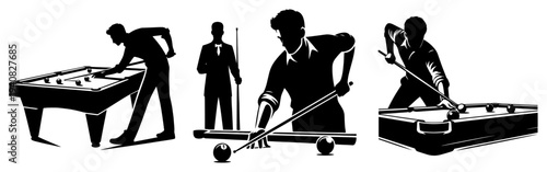 Billiards players silhouettes set, people playing pool game in various poses, vector illustration isolated on white background