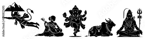 Hindu deities silhouettes set, Hanuman, Ganesha, Shiva and Indian woman playing veena, religious cultural vector icons