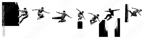 Parkour athlete silhouettes, extreme sport urban activity, man jumping and climbing buildings, vector action set