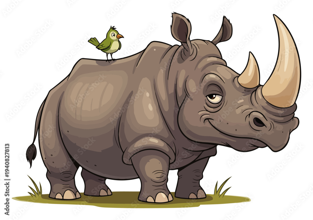 Fototapeta premium Rhino and little bird cartoon, cute rhinoceros animal character, wildlife safari illustration, funny wildlife art