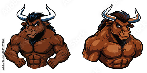 Muscular bull mascot set, strong angry bull character for sports logo, powerful animal vector illustration