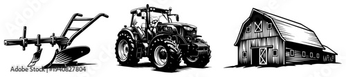 Agriculture and farming set, tractor, plow, and farm barn illustration, rural field equipment vector