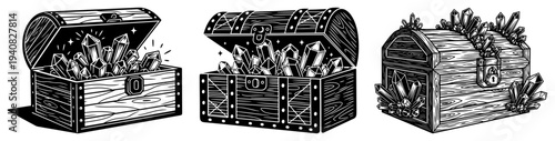 Wooden treasure chests with crystals, fantasy loot boxes and magic gems collection, adventure game asset