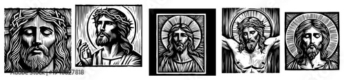 Jesus Christ portrait silhouettes, religious woodcut style icons, Christian faith vector collection