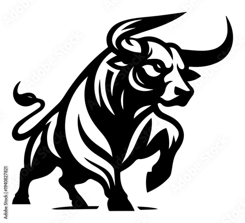 Aggressive bull mascot silhouette, strong charging animal emblem, powerful bull logo design