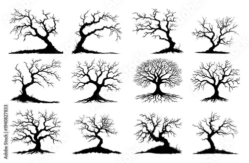 Bare winter tree silhouettes set, gnarled dead trees without leaves, spooky forest vector collection