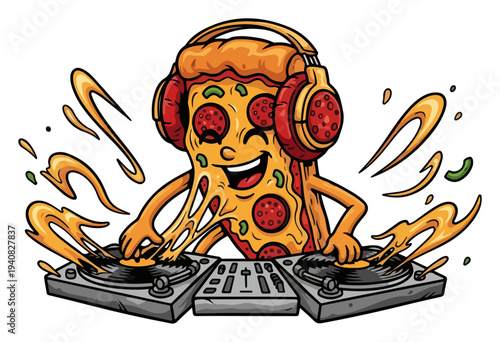 Pizza slice DJ character with headphones, funny music concept, cartoon fast food party illustration
