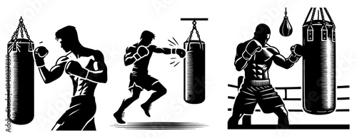 Boxer training silhouettes set, man punching heavy bag, boxing sport action vector collection
