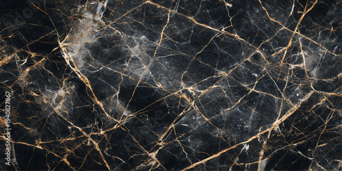 Abstract a close-up photograph showcasing the intricate beauty of a polished black marble surface, interwoven with golden veins that create a stunning visual contrast.