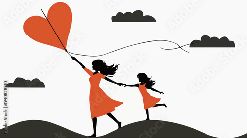 Flat vector illustration of a mother and daughter flying a heart-shaped kite, ideal for family-themed websites, greeting cards, or social media posts.
