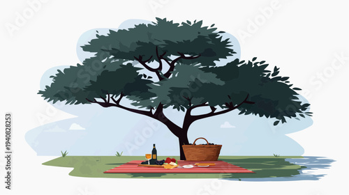 Flat vector illustration of a picnic under a tree, perfect for summer event promotions, outdoor activity blogs, or relaxation-themed designs.