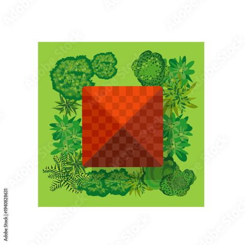 Urban residential buildings with red roofs and lush green trees seen from above, forming a simple city landscape