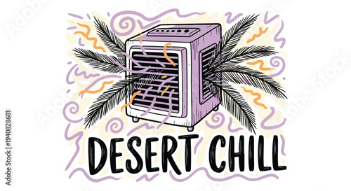 Desert Chill Evaporative Cooler Vector Illustration with Palm Fronds