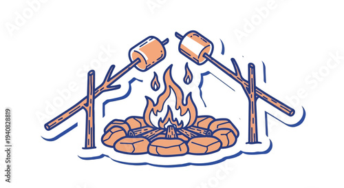 Hand-Drawn Vector Illustration of Marshmallows Roasting over Campfire