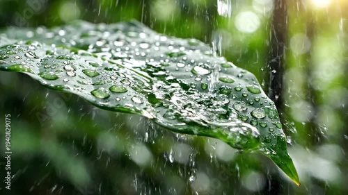 Raindrops on a Green Leaf in a Lush Forest.
