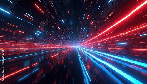Abstract tunnel with red and blue light streaks. Futuristic digital background for gaming or tech concepts. Speed motion effect with glowing lines.
