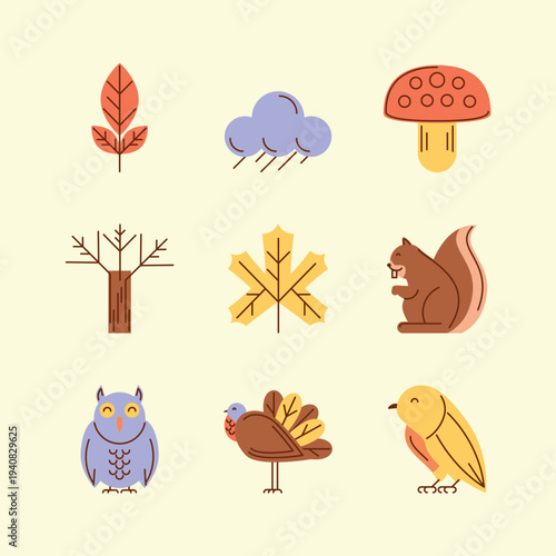 Autumn Nature and Forest Wildlife Illustration Set