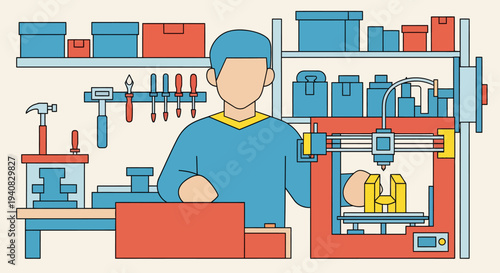 Man Operating 3D Printer.