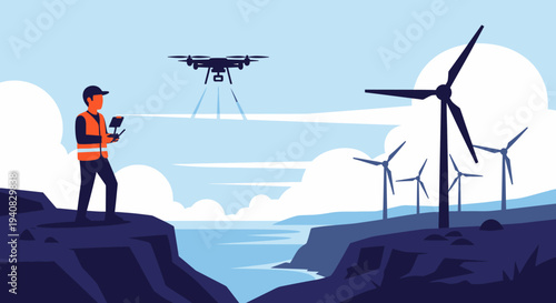 Man Operating Drone Near Wind Turbines.