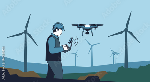 Man Operating Drone Near Wind Turbines.