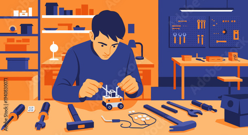 Man Repairing Mechanical Device.