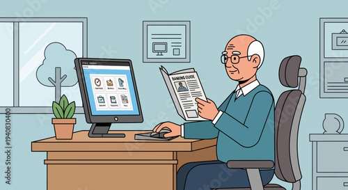 Older Man Reading Newspaper.