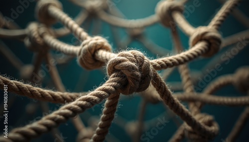 Intertwined rope net forms complex pattern with knots. Single clear rope strand stands out, symbolizing escape from tangled connections and overcoming market monopolies.