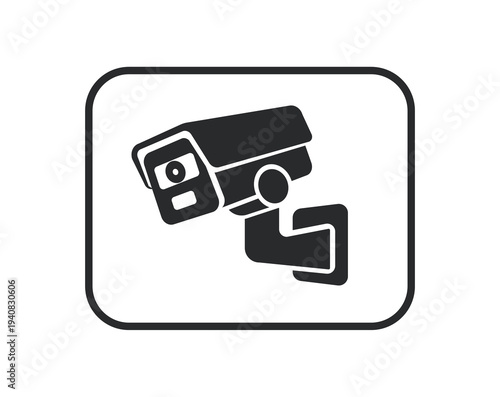 Black and white vector icon of a wall-mounted security camera. Professional surveillance and monitoring symbol