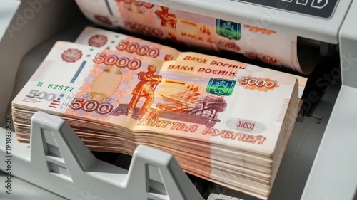 Stack of russian 5000 ruble banknotes being processed by a machine