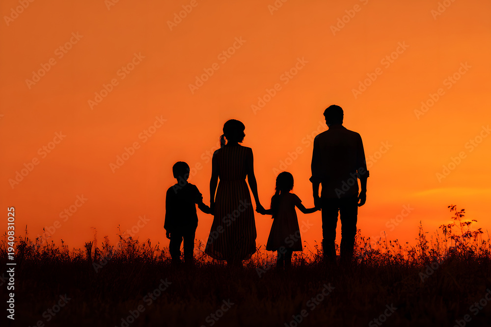 Fototapeta premium Family watches sunset while holding hands in open field with orange sky