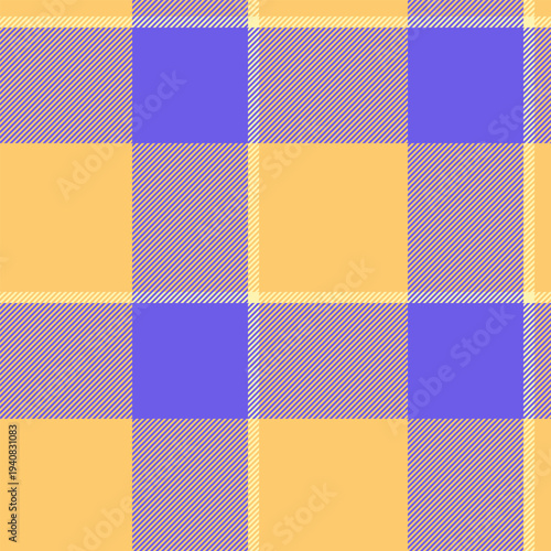 Oilcloth pattern seamless textile, indian fabric background vector. Graphic plaid tartan check texture in amber and indigo colors.