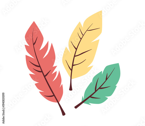 Vibrant set of colorful bird feathers isolated on white. Decorative vector illustration of exotic plumage.