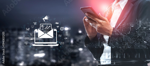 A concept of a digital marketing campaign delivered via email. This outreach contains business analytics and is designed to drive advertising, e-commerce sales, and customer targeting. Fermion