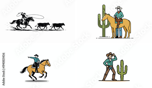 Cowboy Characters Riding Horses Vector Illustration Set
