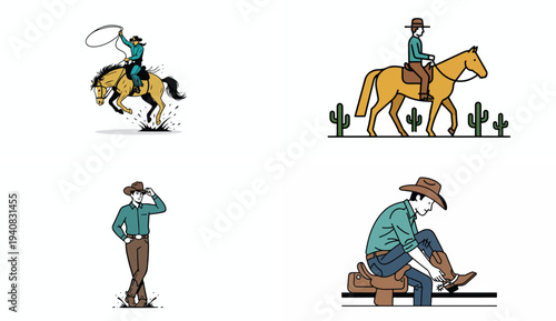 Cowboy Character Collection Vector Illustration Set