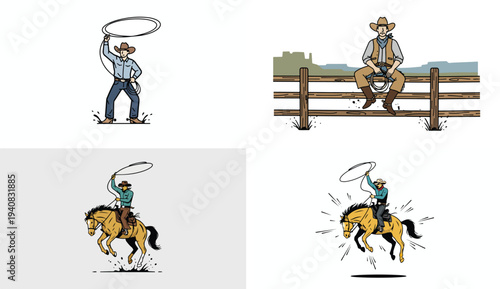 Cowboy Rodeo Characters Cartoon Vector Illustration