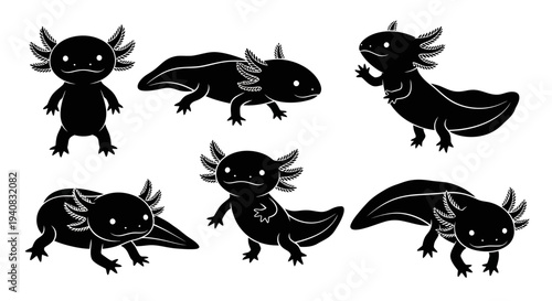 Cute Axolotl Silhouettes Collection: Various Poses, Black and White, Cartoon Style