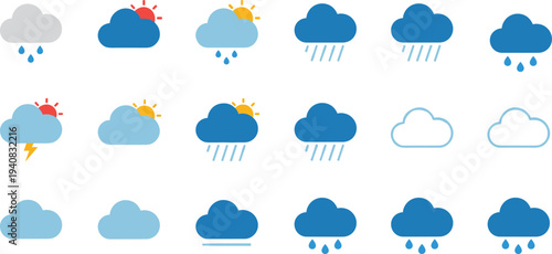 Comprehensive weather icons set featuring sun clouds rain and lightning symbols for mobile apps meteorological forecasts and environmental digital interface designs.