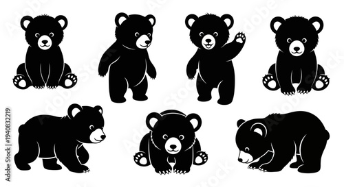 Cute Black Bear Cubs Silhouettes Collection, Adorable Baby Bears Poses Vector Illustration