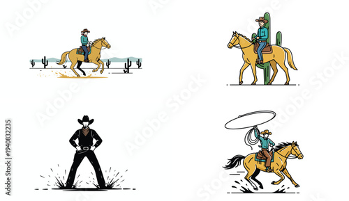 Cowboy Characters Riding Horses Vector Illustration