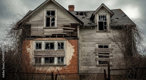 Two-story house with broken windows and overgrown vines, decaying