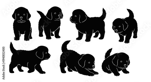 Cute Black Labrador Puppies Silhouette Collection, Playful Pups Poses, Isolated on White Background