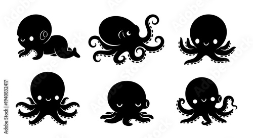 Cute Black Octopus Characters Collection: Baby, Playful, Sad, Happy, Crawling