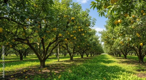 Lush rows of citrus trees laden with yellow fruit, under a blue sky