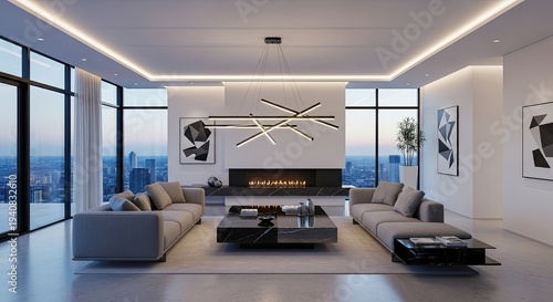 Luxury modern living room with city view, fireplace, and contemporary design