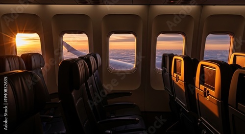 Inside an airplane cabin, view of sunset through windows