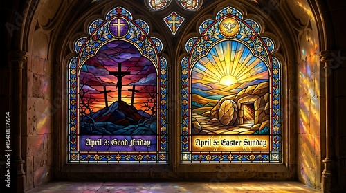 A stained glass window depicting Easter Sunday and Good Friday in a church