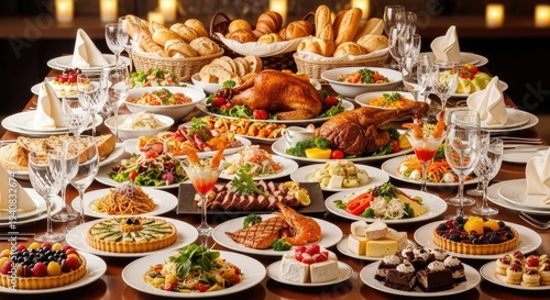 Lavish buffet with roasted fowl, breads, salads, desserts, and drinks