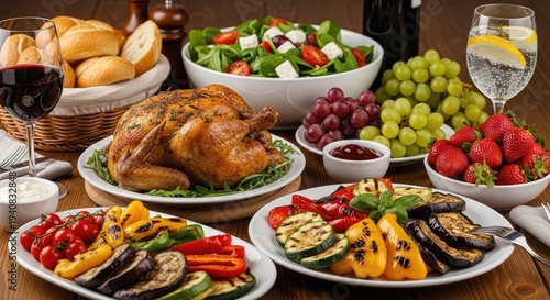 Feast on a wooden table roasted chicken, salad, grilled veggies, bread